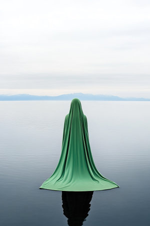 Soft Dawn Light on Black Salt Lake on Green Clothesの素材