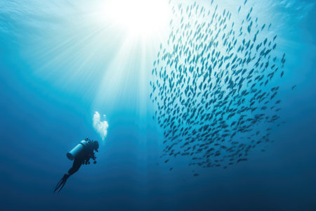 Diver Swimming Amidst Fish School by Shipwreckの素材