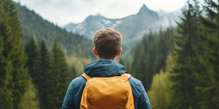 Rear View of a Hiker Admiring Mountain Landscapeの素材