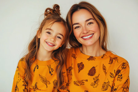 Smiling mother and daughter wearing matching outfitsの素材