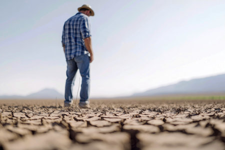 Farmer struggling in parched field under scorching sunの素材
