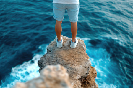 Traveler contemplating nature on cliff with sea viewsの素材