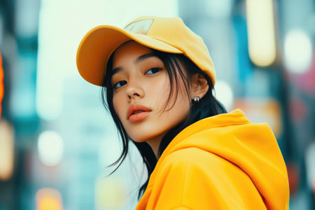 Vibrant Urban Scene with Fashionable Streetwear Modelの素材