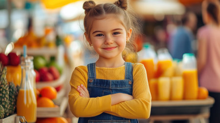 Smiling Child in Front of Colorful Lemonade Stand, Market Vibesの素材