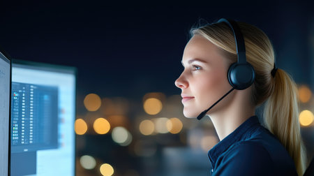 Focused customer service agent working lateの素材