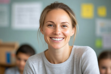 Positive learning environment with a teacher and studentsの素材