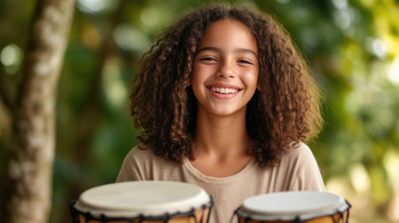 Young Brazilian Musician Holding Percussion Drumsの素材