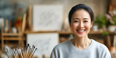 Joyful Chinese Calligrapher in Studioの素材