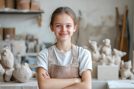 Proud young artist displaying clay sculpturesの素材