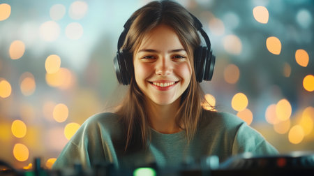 Joyful female DJ posing with turntable and colorful lightsの素材
