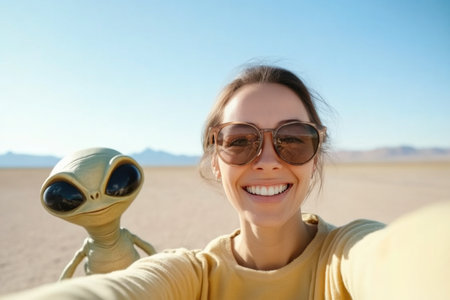 Desert adventure selfie with alien buddyの素材