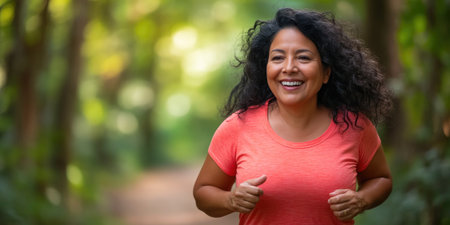Mature Woman Jogging in Summer Forestの素材