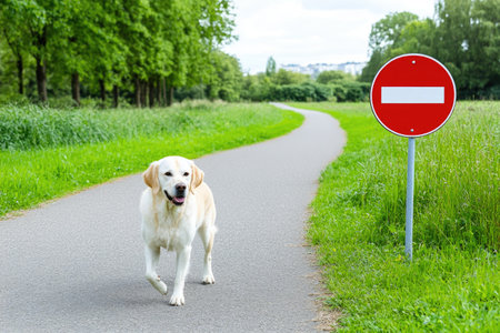 Curious Labrador near warning signalの素材