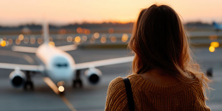 Rear view of woman watching airplane at airport during sunriseの素材