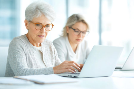 Senior Woman and Young Colleague Using Laptops Together in Bright Officeの素材