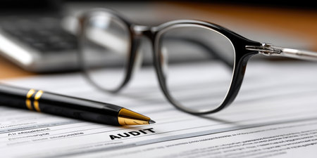 Audit Concept With Pen, Glasses, and Financial Documentsの素材