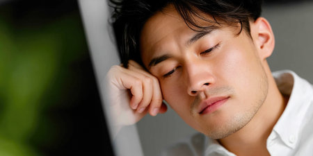 Young man asleep at desk with hand on faceの素材