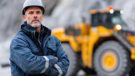 Serious Worker in Quarry with Loader in Backgroundの素材
