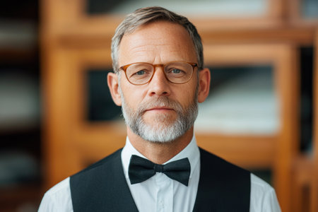 Mature Man with Beard and Glasses Wearing Elegant Bowtieの素材