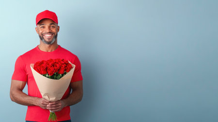 Friendly Delivery Man with Bouquet of Red Rosesの素材