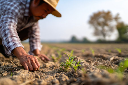 Farmer Inspecting Young Crops in Agricultural Fieldの素材