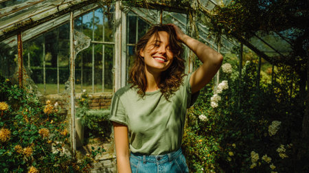 Cheerful Woman Smiling in Botanical Greenhouseの素材