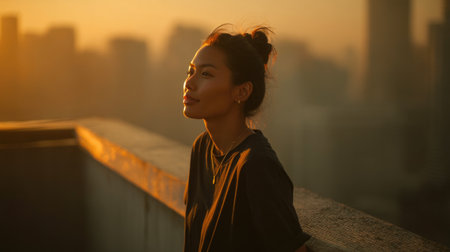 Peaceful Young Woman Enjoying Sunset on Urban Rooftopの素材
