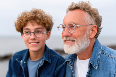 Close-Up Portrait of Smiling Grandfather and Teenage Grandsonの素材