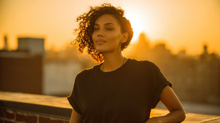 Confident Woman on Rooftop with Glowing Sunsetの素材