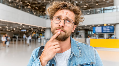 Confused man thinking in modern airport terminalの素材