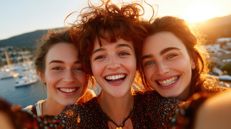 Happy Friends Taking Selfie in Sunset Lightの素材