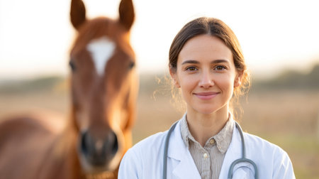 Smiling Female Veterinarian with Horse at Sunsetの素材