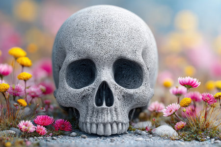 Human Skull Among Wildflowers â Memento Mori Themeの素材