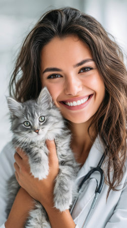 Smiling Veterinarian Holding Fluffy Gray Kittenの素材
