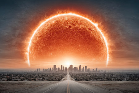 Giant Solar Sphere Over Cityscapeの素材