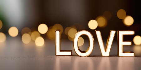 Glowing Neon LOVE Sign with Warm Bokeh Backgroundの素材