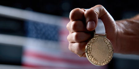 Close-Up of Gold Medal in Boxer's Handの素材