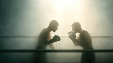 Two Boxers Facing Off in a Foggy Ringの素材