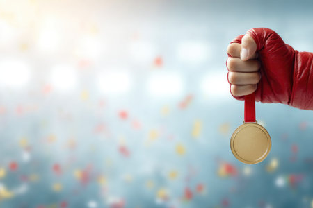 Boxer Holding Gold Medal in Boxing Arenaの素材
