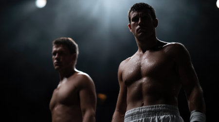 Boxers Preparing for a Match Under Dramatic Lightsの素材