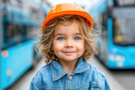 Smiling Child in Hard Hat with Blue Eyes on City Streetの素材