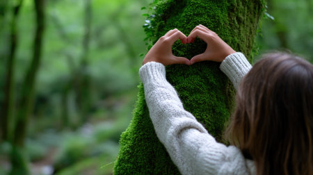 Girl Making Heart Shape on Tree Covered in Mossの素材