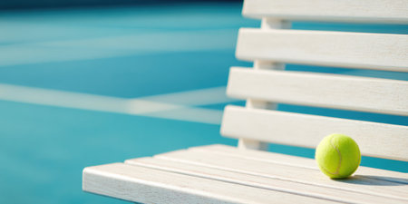 Tennis Ball Resting on Wooden Bench by Blue Courtの素材