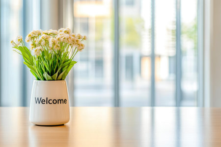 White Welcome Vase with Flowers in Modern Officeの素材