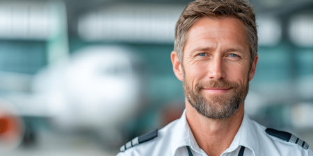 Airline Captain Smiling at Airport Gateの素材