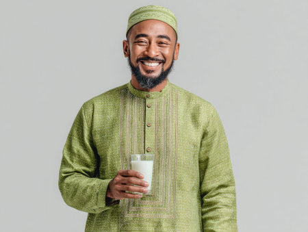 Bearded Man in Green Traditional Clothing Holding Milkの素材