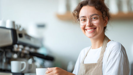 Barista with Coffee Cup Smiling in Cafeの素材