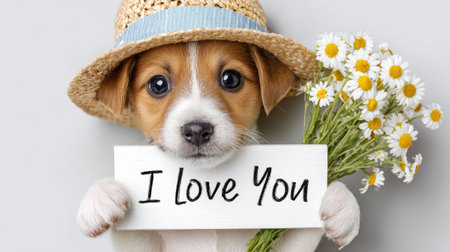 Cute Puppy with "I Love You" Sign and Flowersの素材
