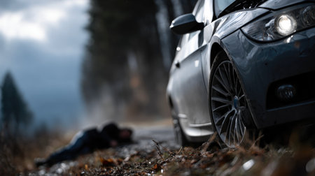 Car Crash Scene with Injured Person â Accident Aftermathの素材