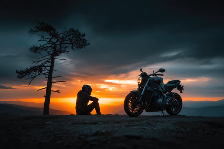 Lonely Biker Watching Sunset with Motorcycleの素材